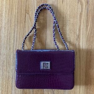 3/$15 Anne Klein purse, shiny, wine color, gold accents, chain, faux alligator